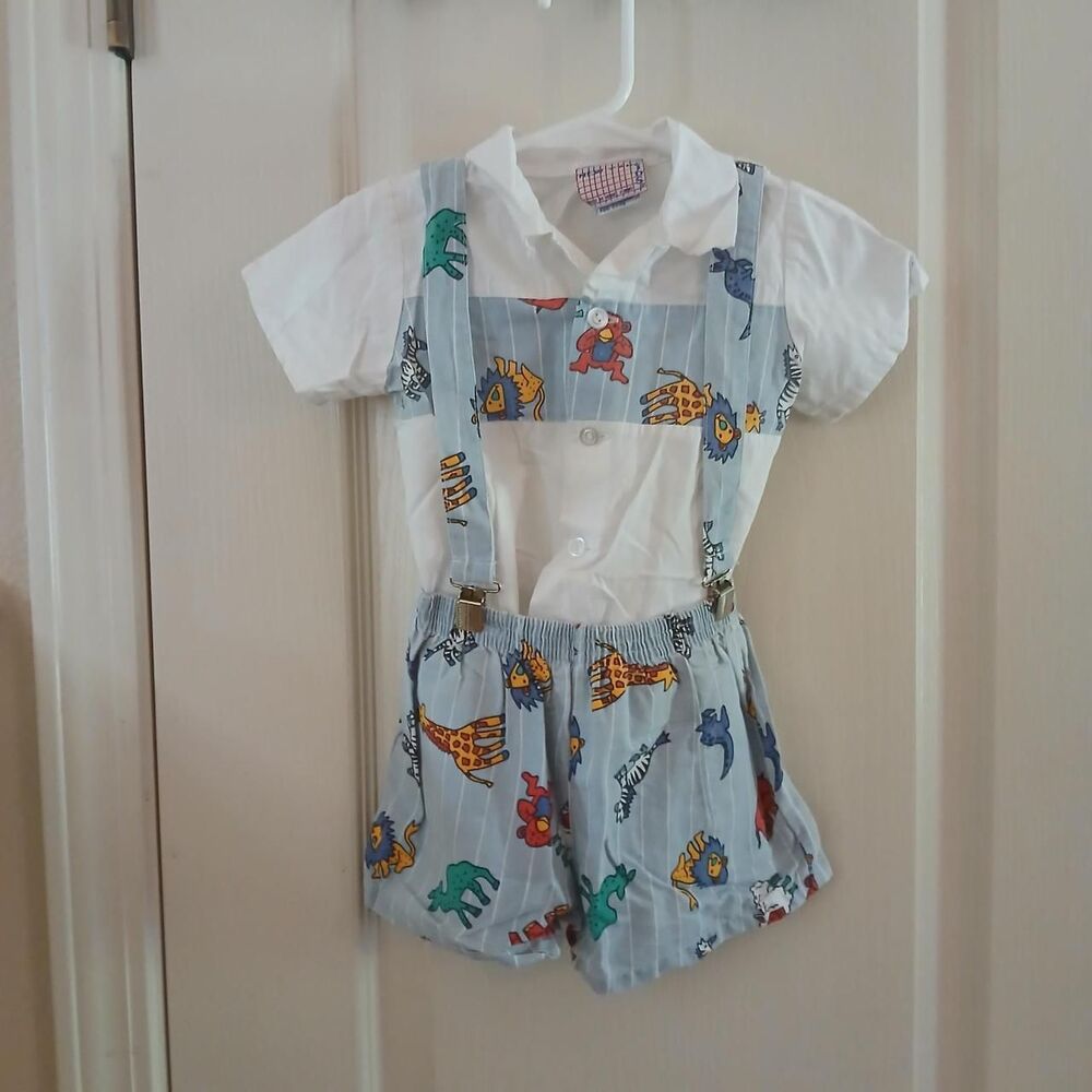 VTG 90s 100% Cotton All Over Print Zoo Animals 3 Piece Set Suspenders 12m Retro